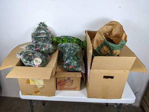 lot 373 image: Boxes of Christmas Craft Items Ribbon, Pine Cones, Artificial Leaves and More