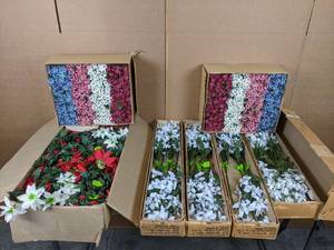 lot 377 image: Assortment of Red, Pink, White and Blue Artificial FlowersStems