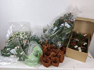 lot 379 image: Assortment of Christmas Craft Items Ribbon, Baskets, Artificial Leaves and More