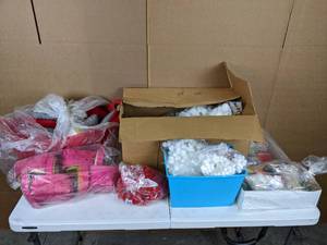 lot 381 image: Assortment of Craft Items Pom Poms, Baskets, Pillows and More