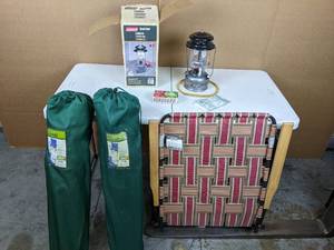 lot 397 image: Camping Setup Guidesman Deluxe Web Chaise Lounge, 2 Greatland Folding Chairs with Bags, Coleman Duel Fuel Lantern & Matches