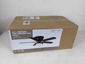 lot 396 image: NEW 44 Indoor LED Ceiling Fan Hugger, Espresso Bronze Finish with White Plastic Shade
