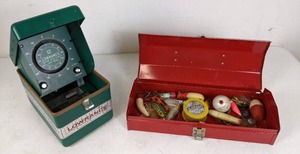 lot 399 image: Vintage Fish Lo-K-Tor and Metal Tackle Box with Lures, Bobbers, Line, and More