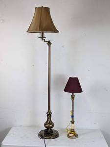 lot 406 image: Lot of Two Lamps  Floor Lamp with Adjustable Neck and Shade, Tabletop Lamp with Burgundy Shade