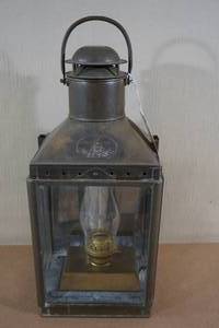 lot 155 image: Antique Viking Ship Passage Way Brass Oil Lamp - Beveled Glass