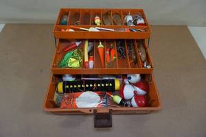lot 222 image: Fenwick Tackle Box with Tackle - Spoons, Bobbers, Crank Baits