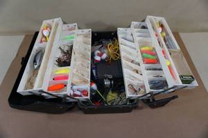 lot 228 image: Old Pal Tackle Box with Leaders, Spoons, Bobbers