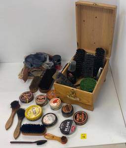 lot 18 image: Vintage Shoe Shine Stuff Including horse hair Brushes And More
