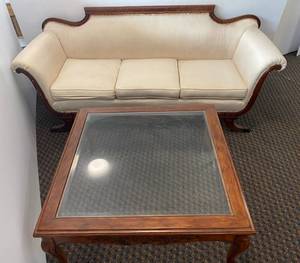 lot 91 image: Vintage Victorian Style Couch And Wood Coffee Table With Glass Top