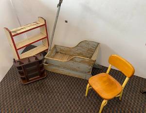 lot 92 image: Group Of Vintage Misc. Wooden Items Including Wooden Childs Sleight And More