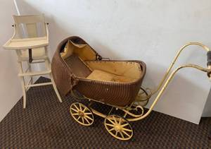 lot 95 image: Vintage Wooven Straw Buggy And Wooden High Chair