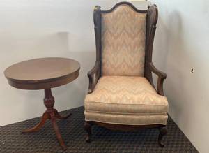 lot 100 image: Vintage Wicker And Wood Throne Chair and Vintage Side Table