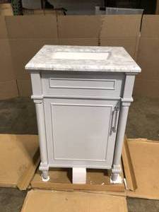 lot 28 image: Home Decorators Collection Aberdeen 24 in. W x 20 in. D Bath Vanity in Dove Grey with Carrara Marble Top with White Sink - Good Condition - Review all pictures