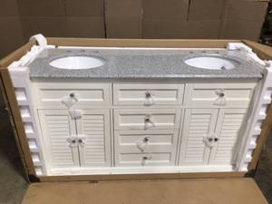 lot 29 image: Home Decorators Collection Hamilton 61 in. W x 22 in. D Double Bath Vanity in Ivory with Granite Vanity Top in Gray - Good Condition - Review all pictures