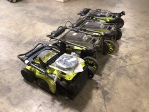 lot 6 image: Mix lot of 4 Ryobi Battery Operated Lawn Mowers - Used - No battery or charger and not checked - Review all pictures