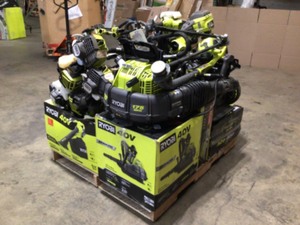 lot 9 image: Mix Lot of Outdoor Tools - Includes Ryobi Trimmers, Lawn Mowers, Tile Saw, and Blowers etc. - Not Checked - Missing parts - Review all pictures