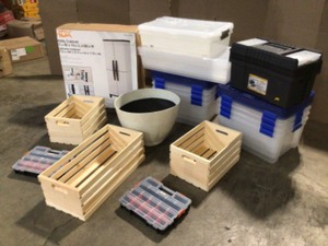 lot 19 image: Mix lot of HDX Utility Cabinet  Storage Boxes, and Wooden Boxes, Etc. - various Conditions customer returns  - Review all pictures