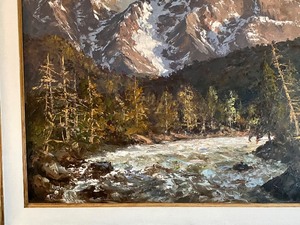 Large Beautiful Framed Water and Mountain Scene by Segundo Huertas