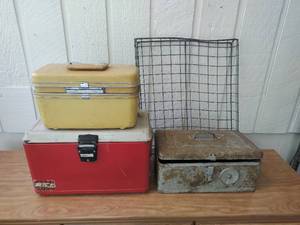 lot 404 image: Vintage Cooler, Metal Case, Suitcase, & Metal Basket