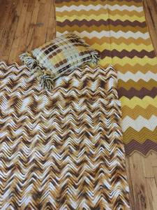 lot 214 image: Two Vintage Afghans & Pillow- Mustard & Brown