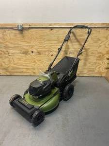 lot 26 image: GREEN MACHINE 62V Cordless 3-in-1 High Wheel Push Walk Behind Mower, Brushless 22 In. Cutting Width with 4Ah Battery and Rapid Charger (please read description)