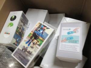 box of dogcat food and water bowls...