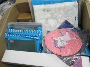 box of tablet covers, mouse pads an...