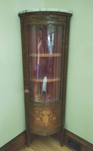 Old Corner Curio Cabinet with Marble Top and Marquetry