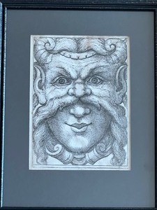 lot 129 image: Pair of Vintage Framed Ornamental Mask DrawingEtching Prints
