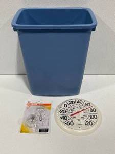 Trash Can, Light Bulbs, and Thermometer