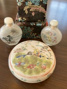 Two Asian Snuff Bottles and Decorative Covered Trinket Box