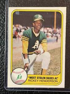 lot 95 image: 1981 Fleer Rickey Henderson Rookie Most Stolen Bases Card #351