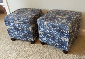 Pair of Blue Leopard Print Storage Ottomans