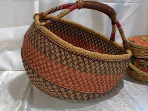 Colorful Handwoven Basket with leather handle, Sewing Basket with vintage sewing notions