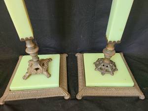 lot 32 image: Pair of Similar Jadite and Brass Lamp Stands