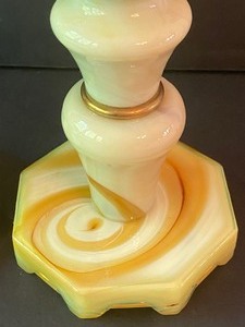 lot 145 image: Pair of Houze Slag Glass Caramel Swirl Lamps- Pair of Akro Agate Houze Table Lamps