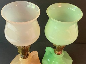 lot 127 image: Pair of Vintage Glass Boudoir Houze Lamps including Coralex Vintage Houze Lamp and Nile Green Houze Lamp
