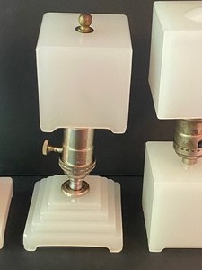 lot 123 image: Three Vintage Cube Houze Lamps in Opaque White