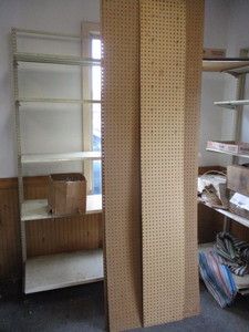 lot 121 image: 3 Partial Sheets of Pegboard and box of hooks