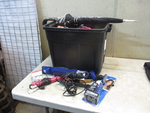 lot 160 image: Tote of curling irons, umbrellas, household