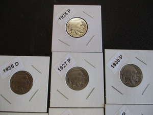 lot 1-1 image: Lot of (10) Buffalo Nickels including dates of 1920-P, 25-P, 26-P, 27-P, 30-P, 34-P, 35-P, 35-D, 36-S and 37-P