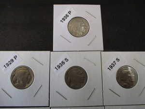 lot 1-3 image: Lot of (10) Buffalo Nickels including Dates of 1919-P, 27-P, 29-P, 30-S, 34-P, 35-S, 36-P, 36-D, 37-S and 37-P