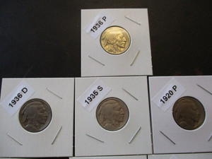 lot 1-4 image: Lot of (10) Buffalo Nickels including Dates of 1920-P, 26-P, 27-P, 29-P, 30-S, 34-P, 35-S, 36-P, 36-D and 38-D