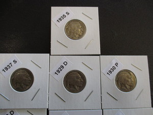 lot 1-5 image: Lot of (10) Buffalo Nickels including Dates of 1924-P, 26-P, 27-P, 28-P, 29-D, 30-P, 34-P, 35-S, 36-D and 37-S
