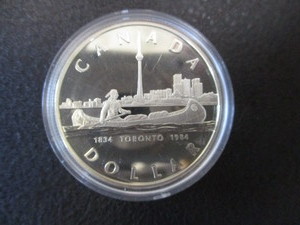 lot 1-13 image: 1834-1984 Toronto Sequicentennial Canadian Silver Dollar in Protective Removable Capsule