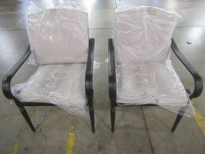 lot 700 image: Laurel Oaks Black Steel Outdoor Patio Stationary Dining Chair with CushionGuard Almond Tan Cushions (2-Pack). In nice condition. Model 755.0310-AM.
