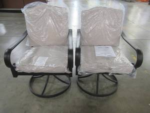 lot 702 image: Laurel Oaks Black Steel Outdoor Patio Lounge Chair with CushionGuard Almond Tan Cushions (2-Pack), In nice condition, Model 725.0492-AM.
