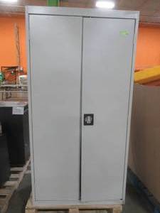 lot 709 image: Sandusky Elite Series Steel Freestanding Garage Cabinet in Dove Gray (36 in. W x 72 in. H x 24 in. D) - Scratch and Dent, Missing Keys LOCKED.