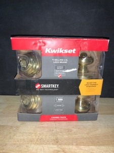 Kwikset Juno Polished Brass Exterior Entry Door Knob and Double Cylinder Deadbolt Combo Pack Featuring SmartKey Security. See Pictures
