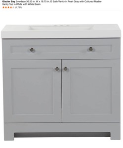 Glacier Bay Everdean 36.50 in. W x 18.75 in. D Bath Vanity in Pearl Gray with Cultured Marble Vanity Top in White with White Basin. See Pictures